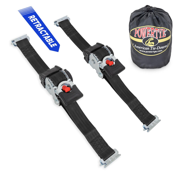 2in x 10ft RETRACTOR RATCHET TIE - DOWN STRAPS with E - TRACK CLIPS, STORAGE BAG (pair + bag) - PowerTye#color_black