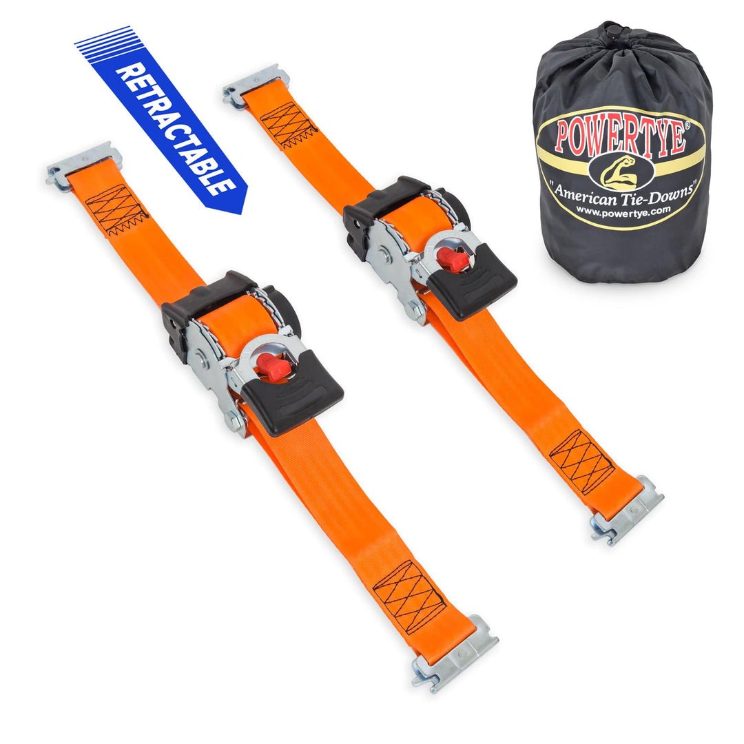 2in x 10ft RETRACTOR RATCHET TIE - DOWN STRAPS with E - TRACK CLIPS, STORAGE BAG (pair + bag) - PowerTye#color_orange