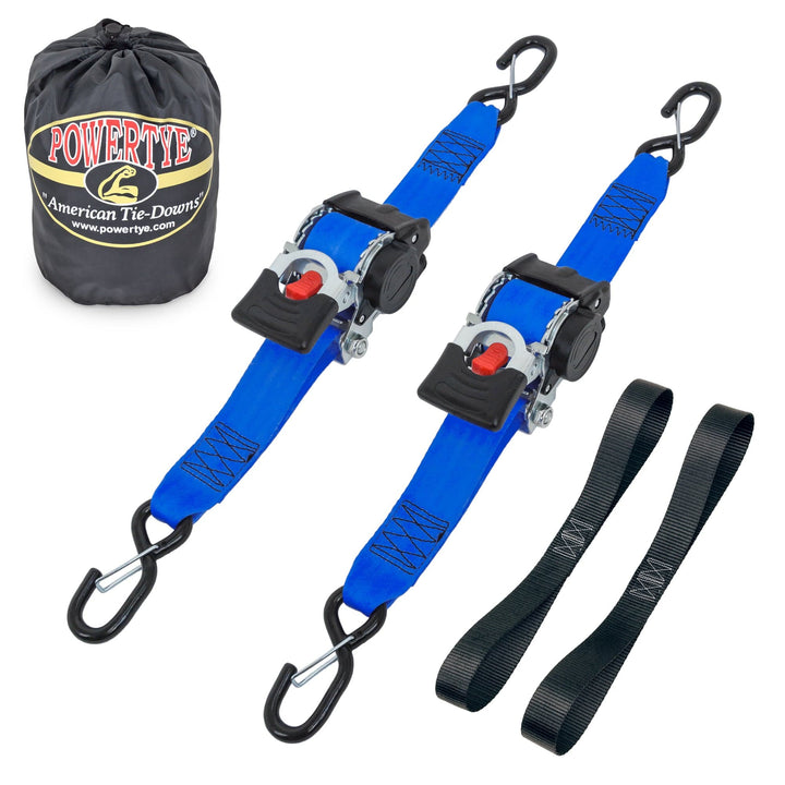 2in x 10ft RETRACTOR RATCHET TIE - DOWN STRAPS with LATCH HOOKS, SOFT - TYES & STORAGE BAG (kit) - PowerTye#color_blue
