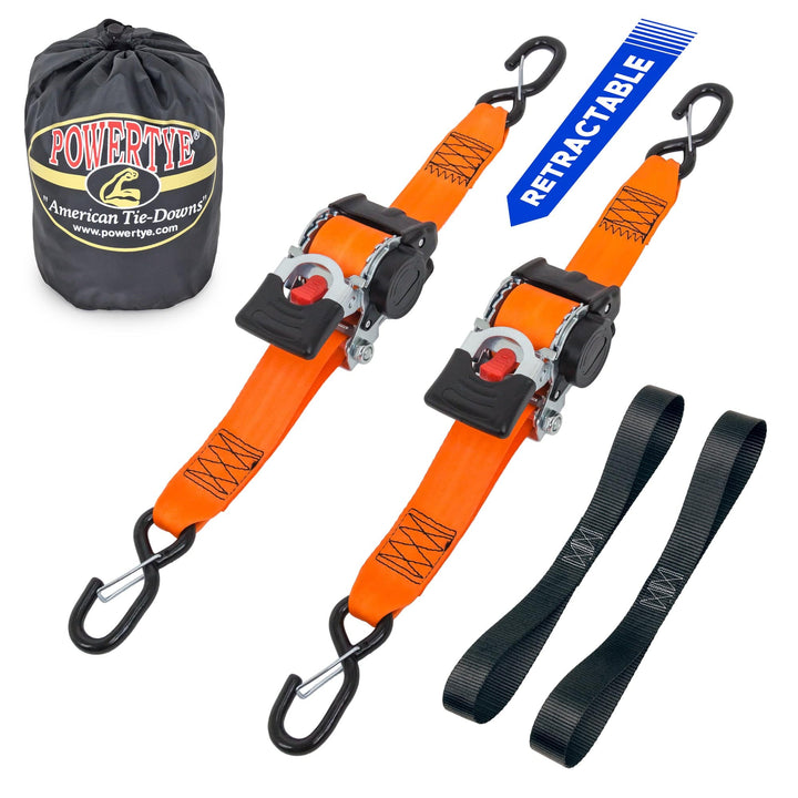 2in x 10ft RETRACTOR RATCHET TIE - DOWN STRAPS with LATCH HOOKS, SOFT - TYES & STORAGE BAG (kit) - PowerTye#color_orange