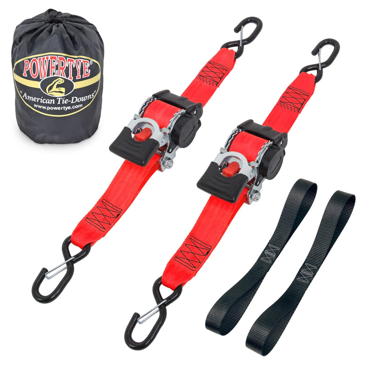 2in x 10ft RETRACTOR RATCHET TIE - DOWN STRAPS with LATCH HOOKS, SOFT - TYES & STORAGE BAG (kit) - PowerTye#color_red