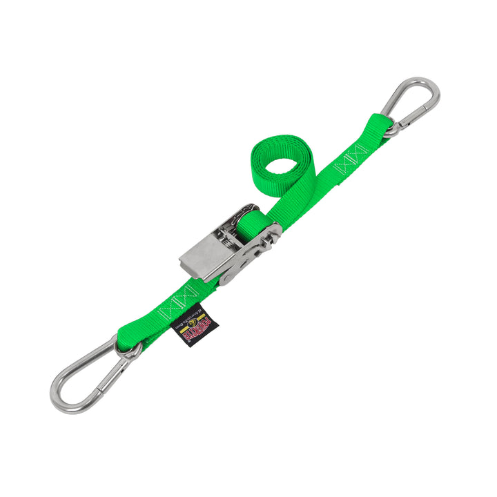 1in STAINLESS SLIMLINE RATCHET with STAINLESS CARABINERS for motorcycles, boats watercraft and cargo#color_green
