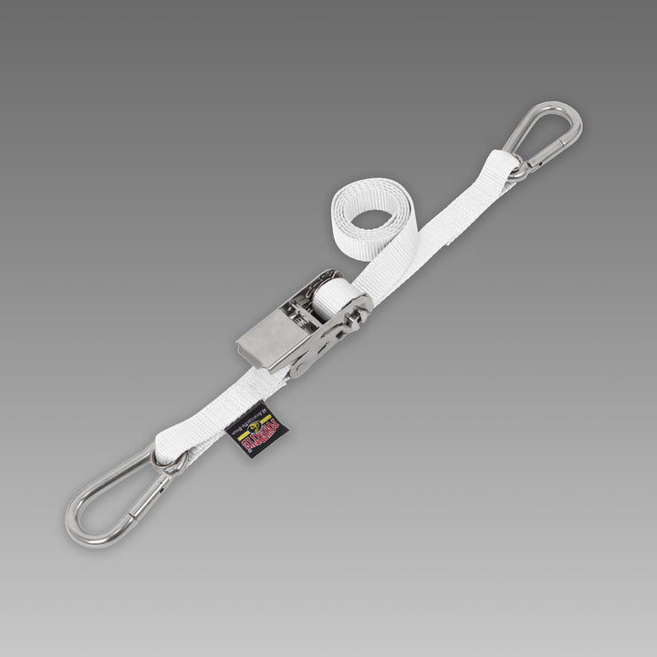 1in STAINLESS SLIMLINE RATCHET with STAINLESS CARABINERS for motorcycles, boats watercraft and cargo#color_white