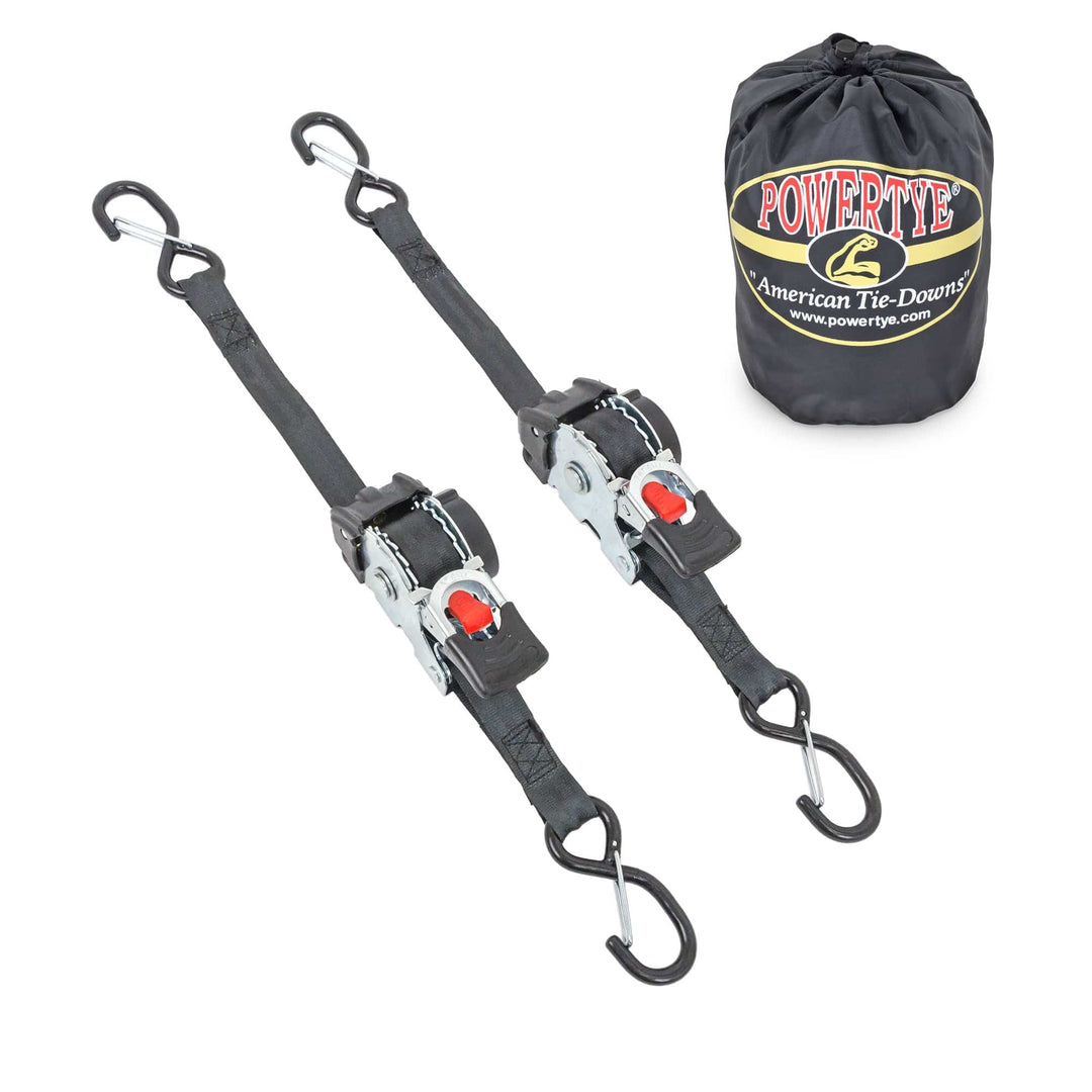 1in x 10ft RETRACTOR RATCHET STRAPS with 4in LATCH HOOKS, STORAGE BAG (pair + bag) - PowerTye#color_black