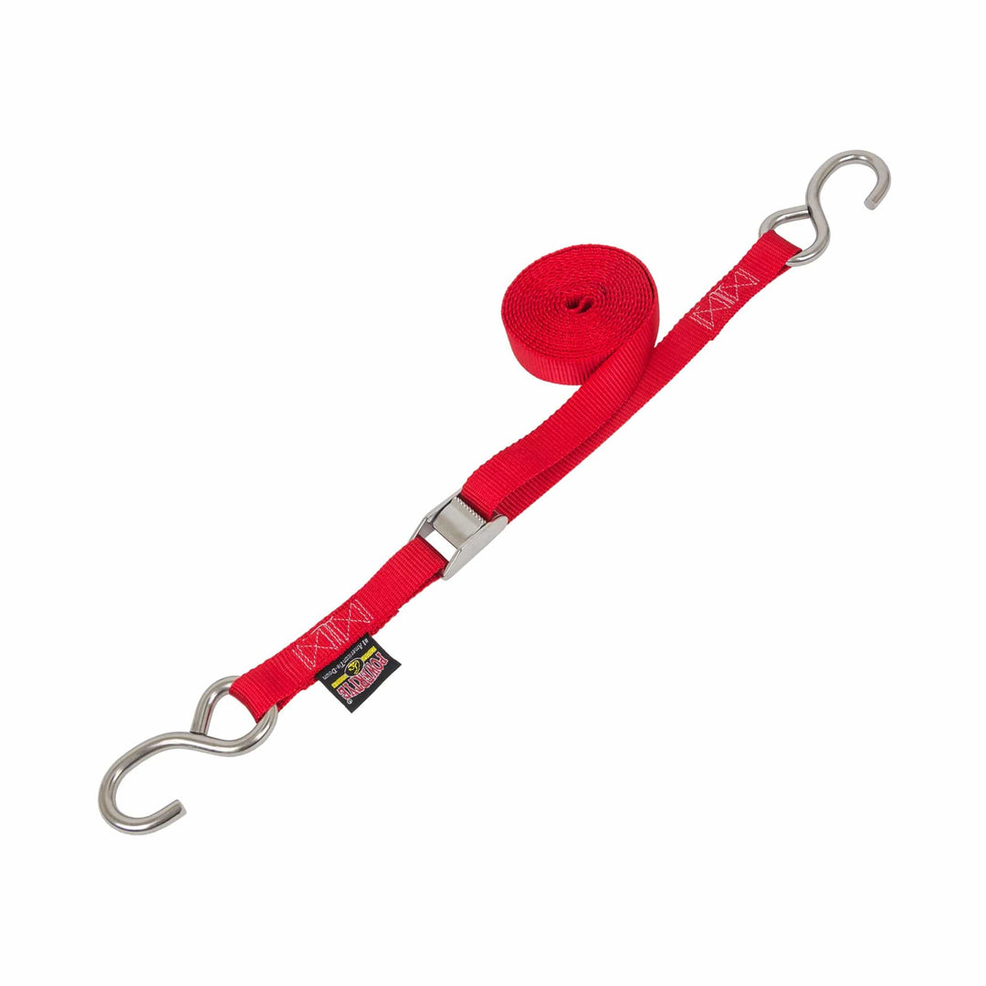 1in x 15ft STAINLESS CAM BUCKLE TIE - DOWN with STAINLESS HOOKS (each) - PowerTye#color_red