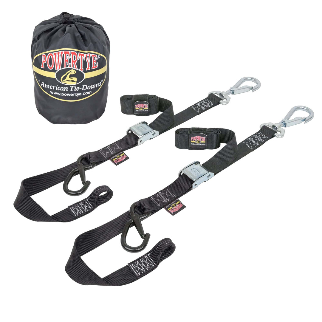 POWERTYE 1.5in x 6ft DELUXE SOFT - TYE TIE - DOWN with SWIVEL LATCH HOOK, includes STORAGE BAG (pair) - PowerTye#color_black-black