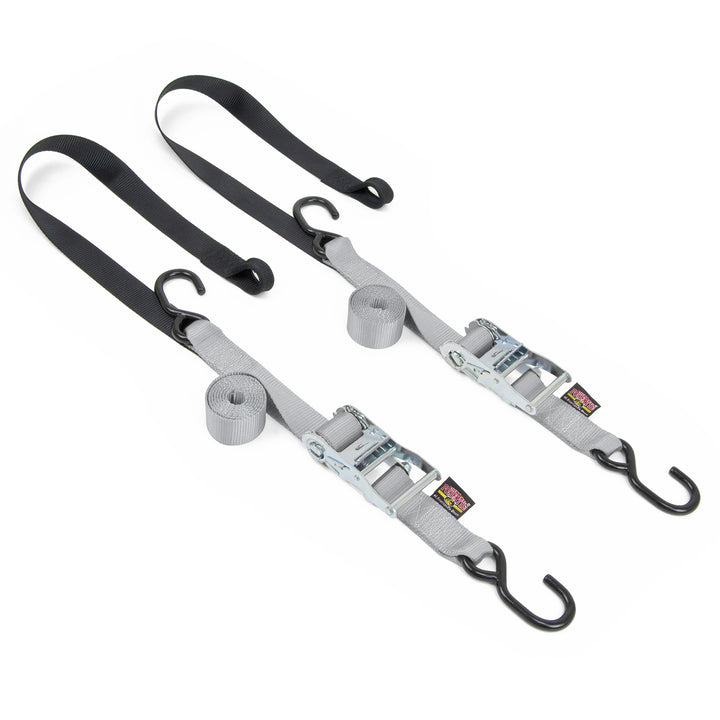1.5in x 7ft Ratchet Strap with Soft-Tye and S-Hooks for motorcycles and other light vehicles#color_silver-black