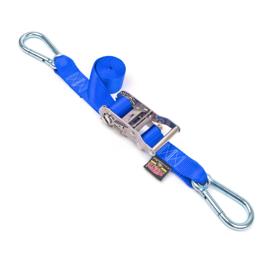 PowerTye 1.5in Stainless Steel Ratchet tie-down straps 5ft Long with carabiner hooks made in usa#color_blue