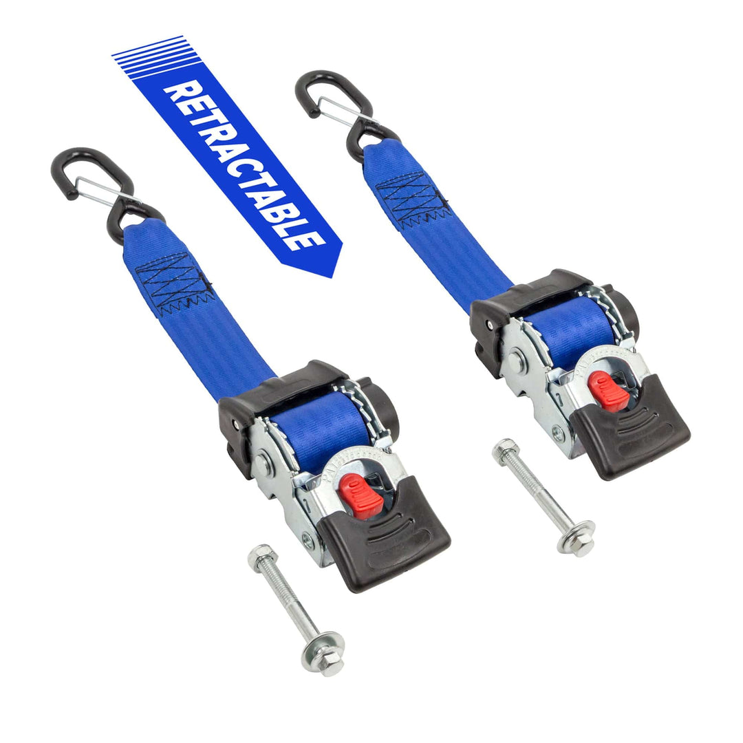 2in x 6ft RETRACTOR RATCHET TIE - DOWNS with MOUNTING BOLT & LATCH HOOK (pair) - PowerTye#color_blue