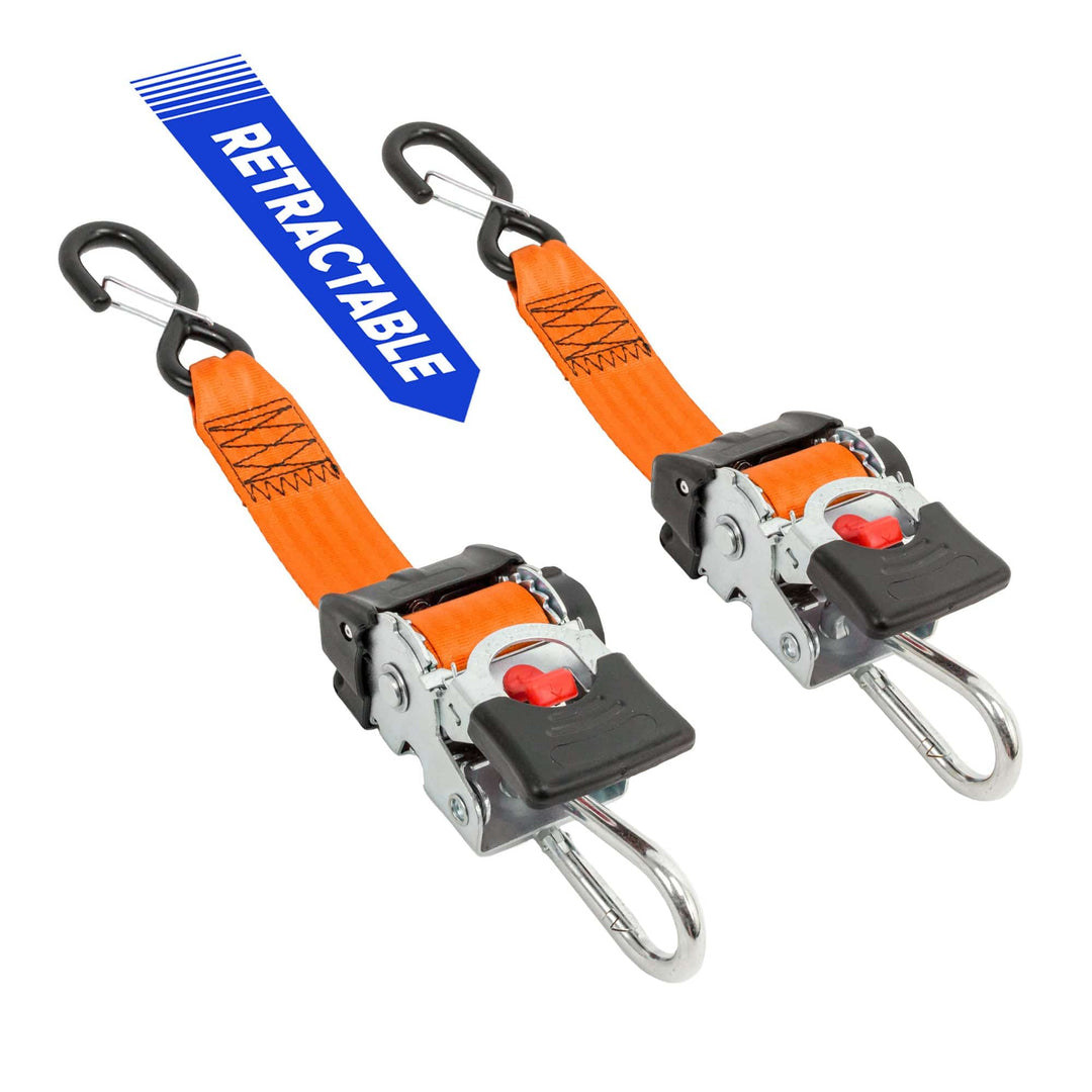 2in x 6ft RETRACTOR RATCHET TIE - DOWNS with CARABINER & LATCH HOOK (pair) - PowerTye#color_orange