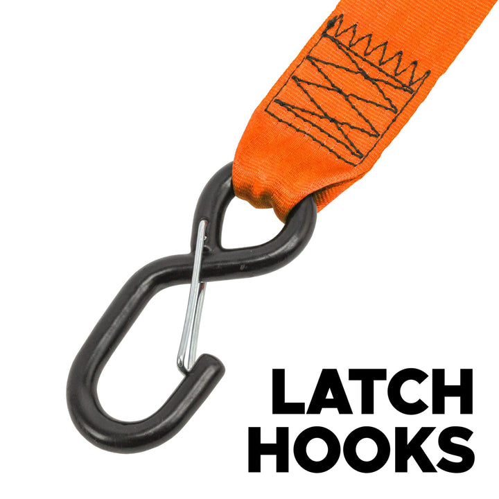2in x 10ft RETRACTOR RATCHET TIE - DOWN STRAPS with LATCH HOOKS, SOFT - TYES & STORAGE BAG (kit) - PowerTye#color_orange