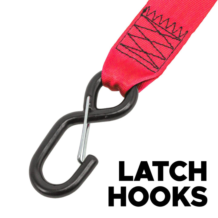 2in x 10ft RETRACTOR RATCHET TIE - DOWN STRAPS with LATCH HOOKS, SOFT - TYES & STORAGE BAG (kit) - PowerTye#color_red