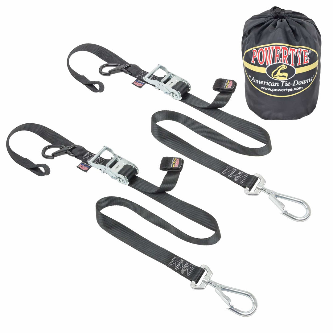 POWERTYE 1.5in x 6.5ft DELUXE RATCHET SOFT - TYE with SWIVEL LATCH HOOK, includes STORAGE BAG (pair) - PowerTye#color_black-black