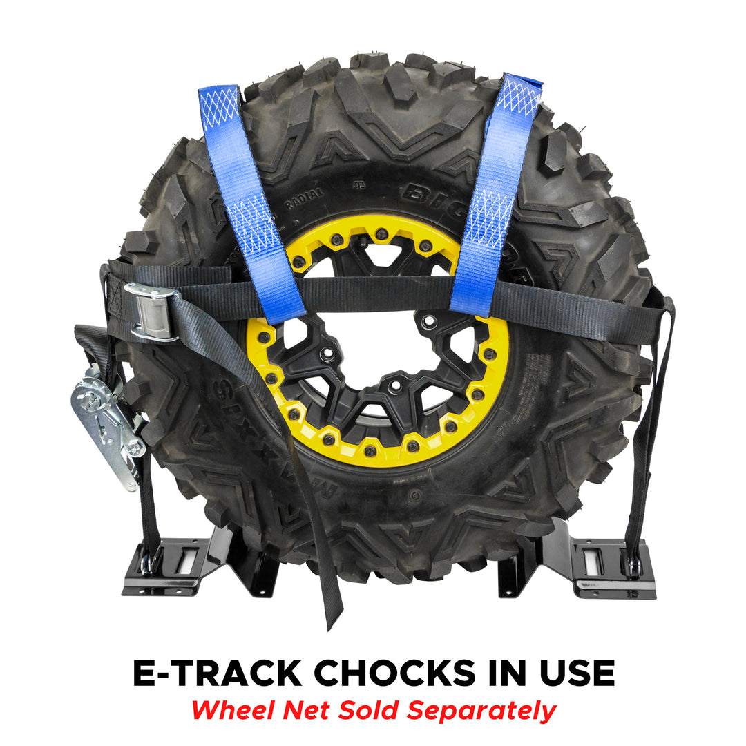 E-Track Chock 2 Pack with Wheel Net in use with hardware for UTV and other light vehicles #color_black