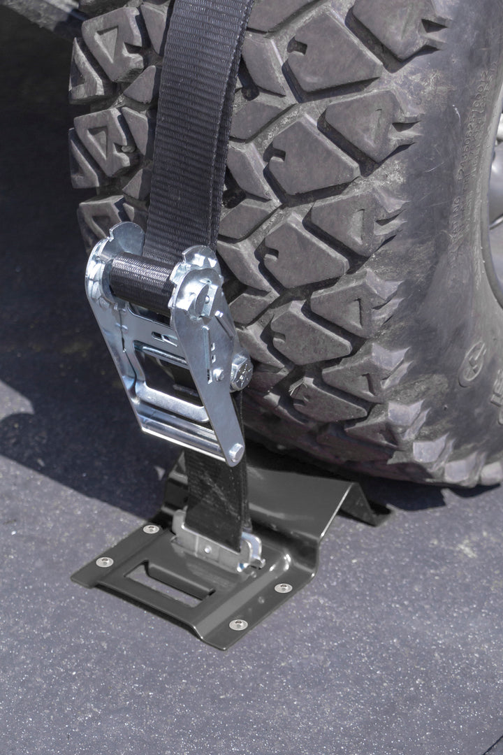 E-Track Chock 2 Pack in use with hardware for UTV and other light vehicles #color_black