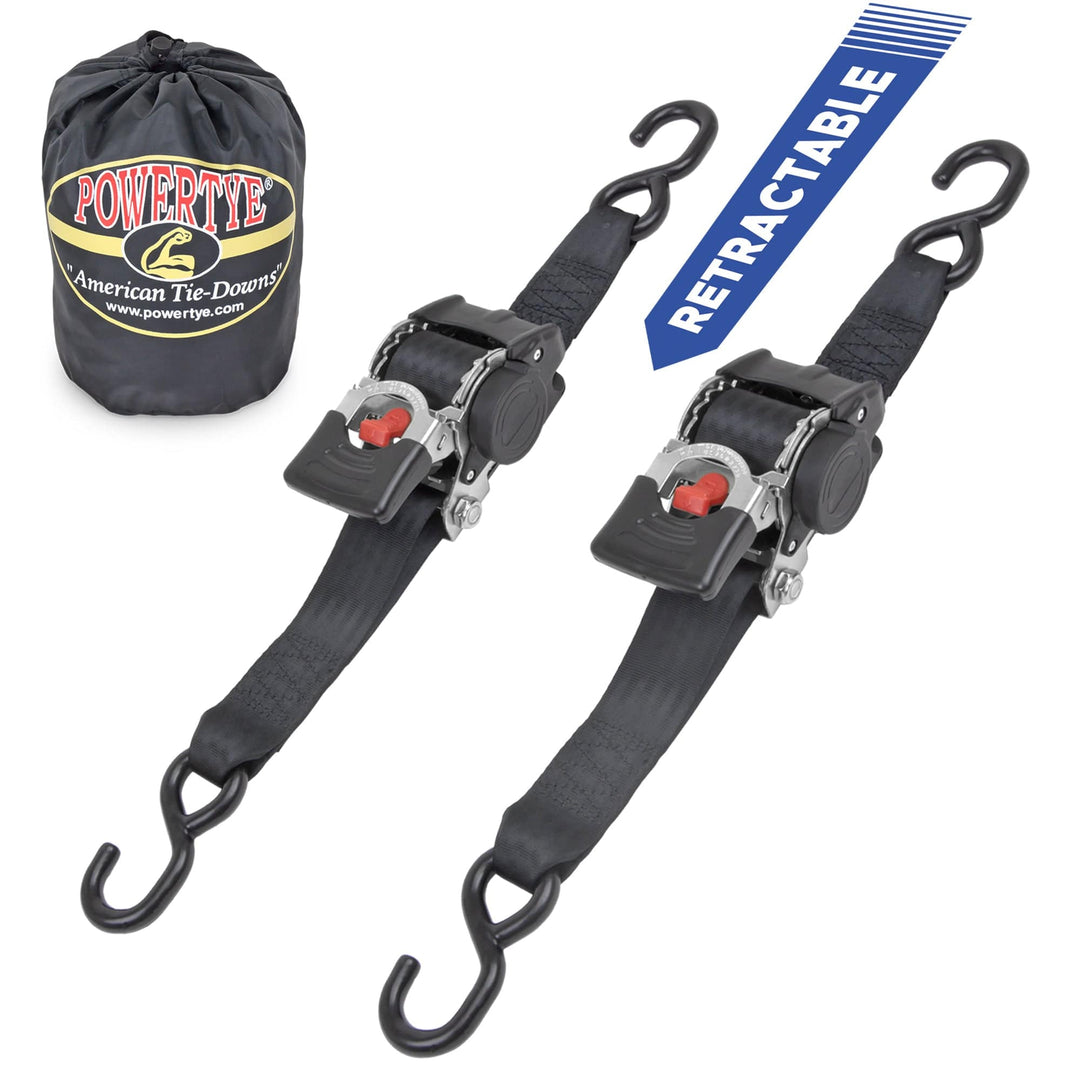 2in x 10ft RETRACTOR RATCHET TIE - DOWN STRAPS with S - HOOKS, STORAGE BAG (pair + bag) - PowerTye