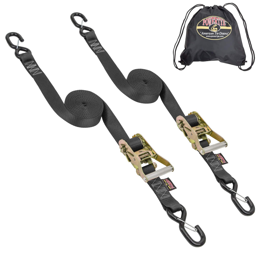 1.5in x 16ft INDUSTRIAL RATCHET TIE - DOWN w/ HD LATCH HOOKS, FREE BACK - SACK (pair) - PowerTye#color_black