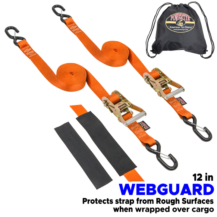 1.5in x 16ft Industrial Ratchet Straps Latch Hooks for cargo and vehicles with Back Sack Storage Bag and WebGuard Covers#color_orange