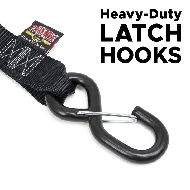 1.5in x 7ft FAT STRAP DELUXE RATCHET TIE - DOWN with SHEEPSKIN SOFT - TYE, LATCH HOOKS (pair) - PowerTye#color_black-black
