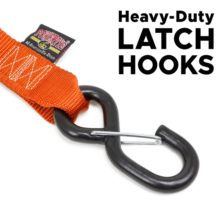 1.5in x 7ft FAT STRAP DELUXE RATCHET TIE - DOWN with SHEEPSKIN SOFT - TYE, LATCH HOOKS (pair) - PowerTye#color_orange-black