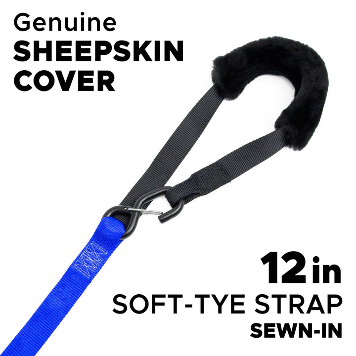 1.5in x 7ft FAT STRAP DELUXE RATCHET TIE - DOWN with SHEEPSKIN SOFT - TYE, LATCH HOOKS (pair) - PowerTye#color_blue-black