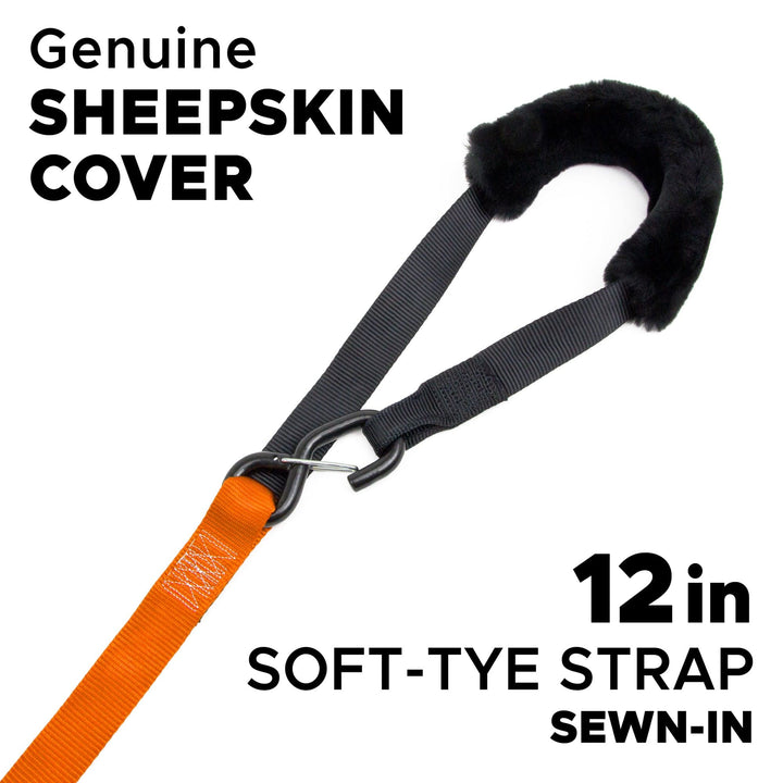 1.5in x 7ft FAT STRAP DELUXE RATCHET TIE - DOWN with SHEEPSKIN SOFT - TYE, LATCH HOOKS (pair) - PowerTye#color_orange-black