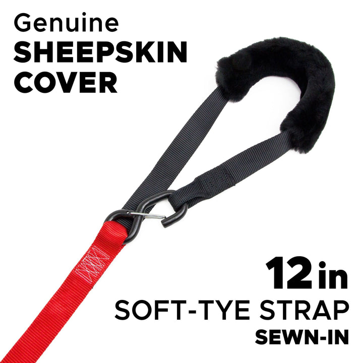 1.5in x 7ft FAT STRAP DELUXE RATCHET TIE - DOWN with SHEEPSKIN SOFT - TYE, LATCH HOOKS (pair) - PowerTye#color_red-black