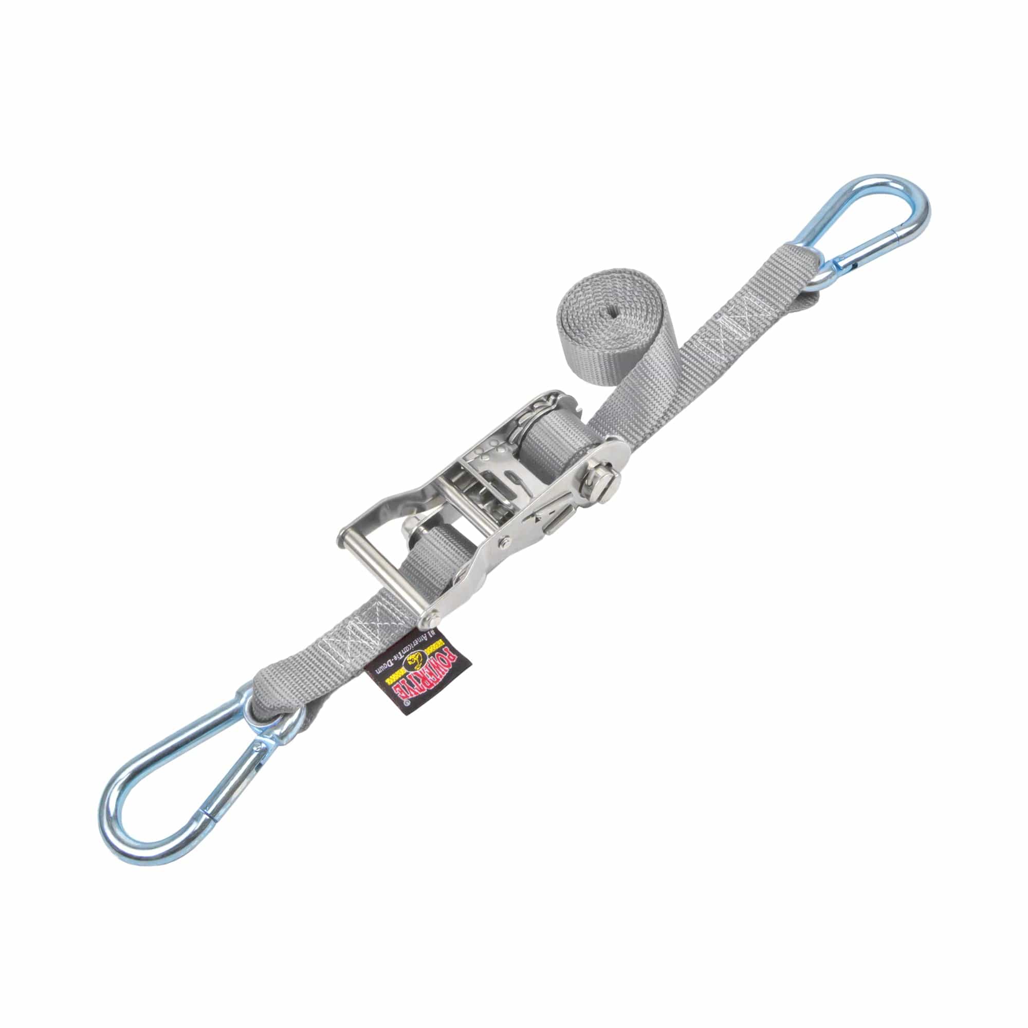 1in x 3ft STAINLESS RATCHET TIEDOWN, CARABINER HOOKS (each) PowerTye