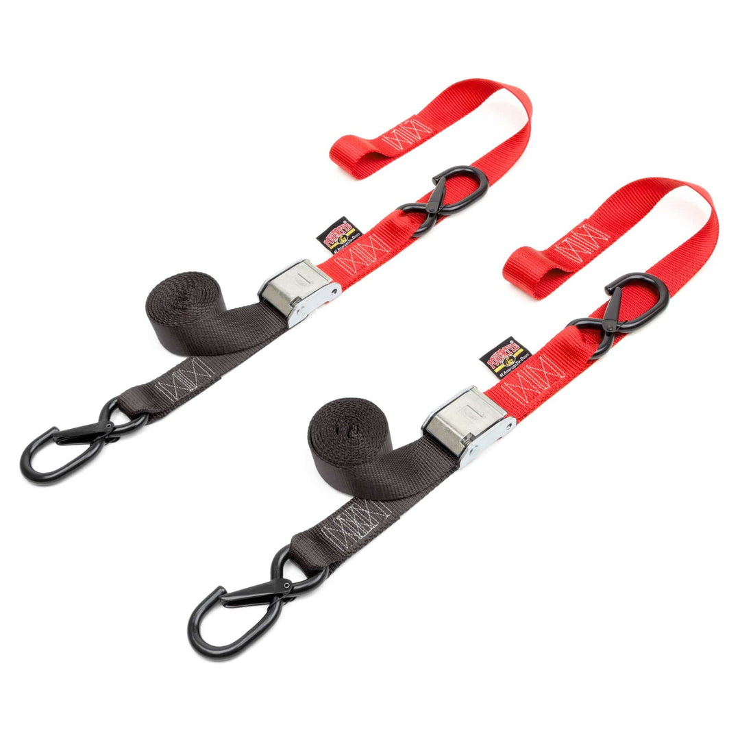 1.5in x 6ft CAM BUCKLE SOFT - TYE TIE - DOWN, LATCH HOOKS (pair) - PowerTye#color_black-red