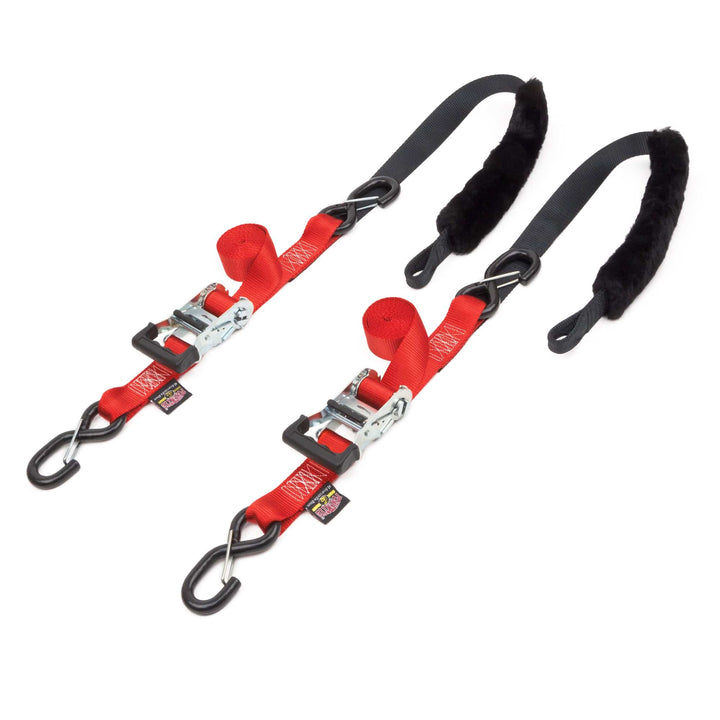 1.5in x 7ft FAT STRAP DELUXE RATCHET TIE - DOWN with SHEEPSKIN SOFT - TYE, LATCH HOOKS (pair) - PowerTye#color_red-black
