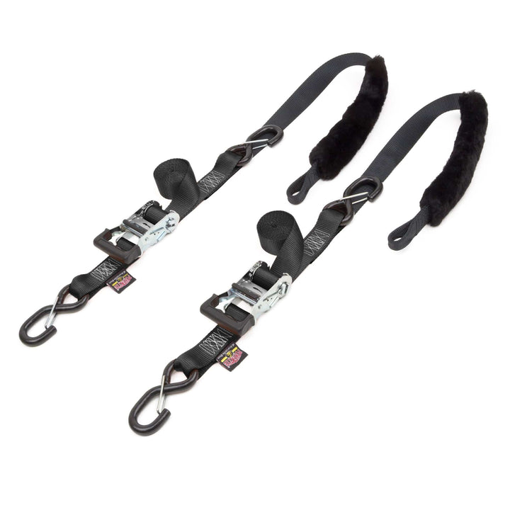 1.5in x 7ft FAT STRAP DELUXE RATCHET TIE - DOWN with SHEEPSKIN SOFT - TYE, LATCH HOOKS (pair) - PowerTye#color_black-black