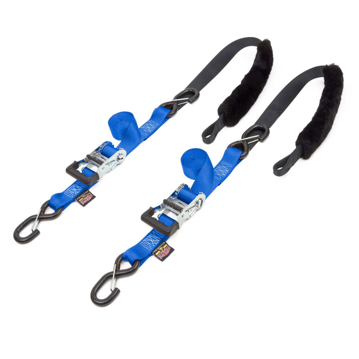 1.5in x 7ft FAT STRAP DELUXE RATCHET TIE - DOWN with SHEEPSKIN SOFT - TYE, LATCH HOOKS (pair) - PowerTye#color_blue-black