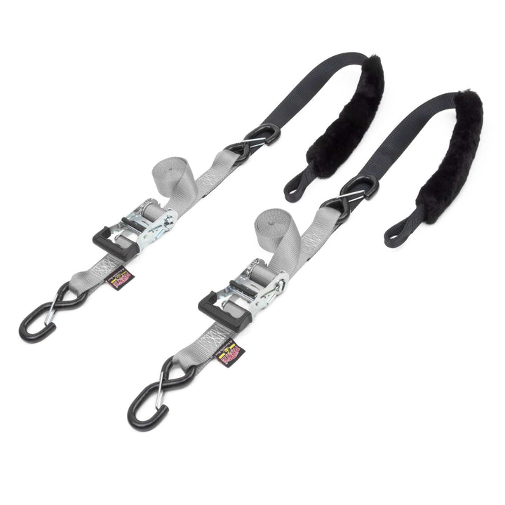 1.5in x 7ft FAT STRAP DELUXE RATCHET TIE - DOWN with SHEEPSKIN SOFT - TYE, LATCH HOOKS (pair) - PowerTye#color_silver-black