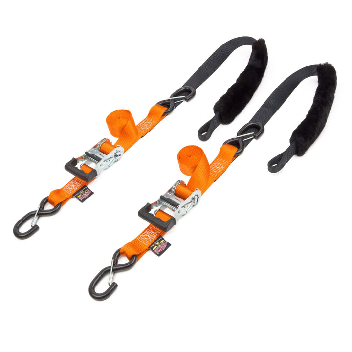 1.5in x 7ft FAT STRAP DELUXE RATCHET TIE - DOWN with SHEEPSKIN SOFT - TYE, LATCH HOOKS (pair) - PowerTye#color_orange-black