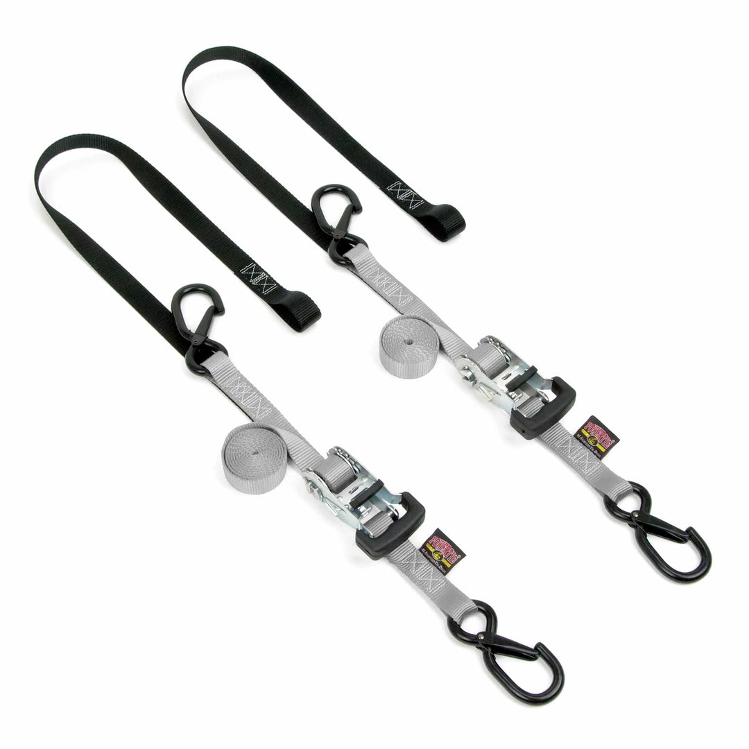 1in x 7ft RATCHET TIE - DOWN w/SOFT - TYES, LATCH HOOKS (pair) - PowerTye#color_silver-black