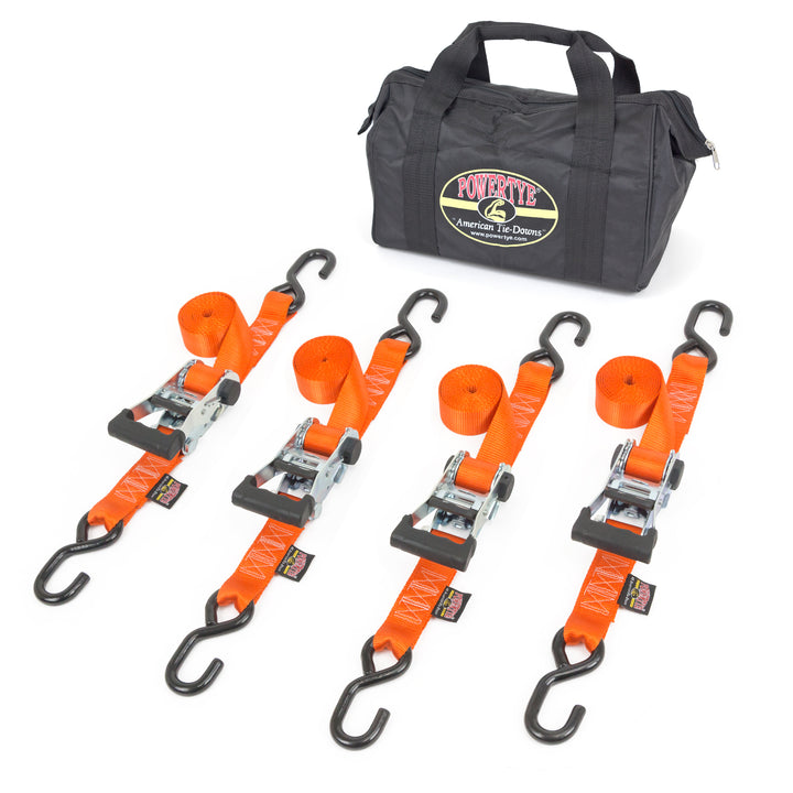 PowerTye 1.5in x 8ft Industrial Ratchet Tie-down strap kit heavy duty s-hooks with bag#color_orange