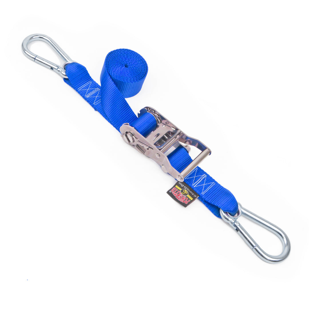 1.5in x 10ft Stainless Steel Ratchet Strap with Carabiners#color_blue