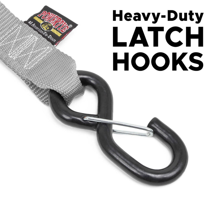 1.5in x 7ft FAT STRAP DELUXE RATCHET TIE - DOWN with SHEEPSKIN SOFT - TYE, LATCH HOOKS (pair) - PowerTye#color_silver-black