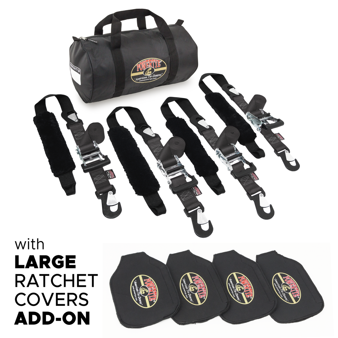 2 inch Ratchet Strap Big Daddy Premium Trailer Kit with four straps and sheepskin soft-tye plus ratchet covers#color_black