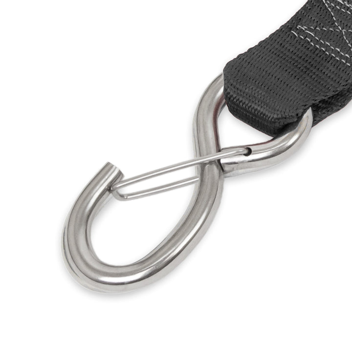 PowerTye - 1.5in STAINLESS - CAM BUCKLE - TIE - DOWN with STAINLESS LATCH HOOKS Close-up (each)#color_black