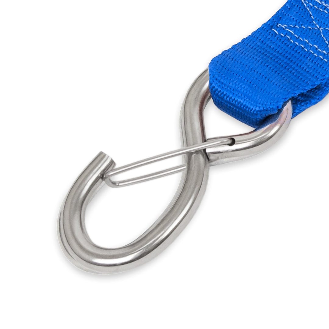 PowerTye - 1.5in STAINLESS - CAM BUCKLE - TIE - DOWN with STAINLESS LATCH HOOKS Close-up (each)#color_blue
