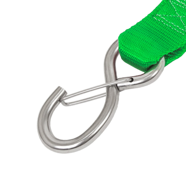 PowerTye - 1.5in STAINLESS - CAM BUCKLE - TIE - DOWN with STAINLESS LATCH HOOKS Close-up (each)#color_green