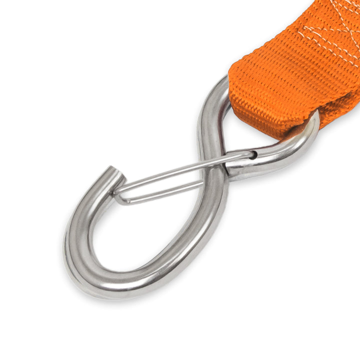 PowerTye - 1.5in STAINLESS - CAM BUCKLE - TIE - DOWN with STAINLESS LATCH HOOKS Close-up (each)#color_orange