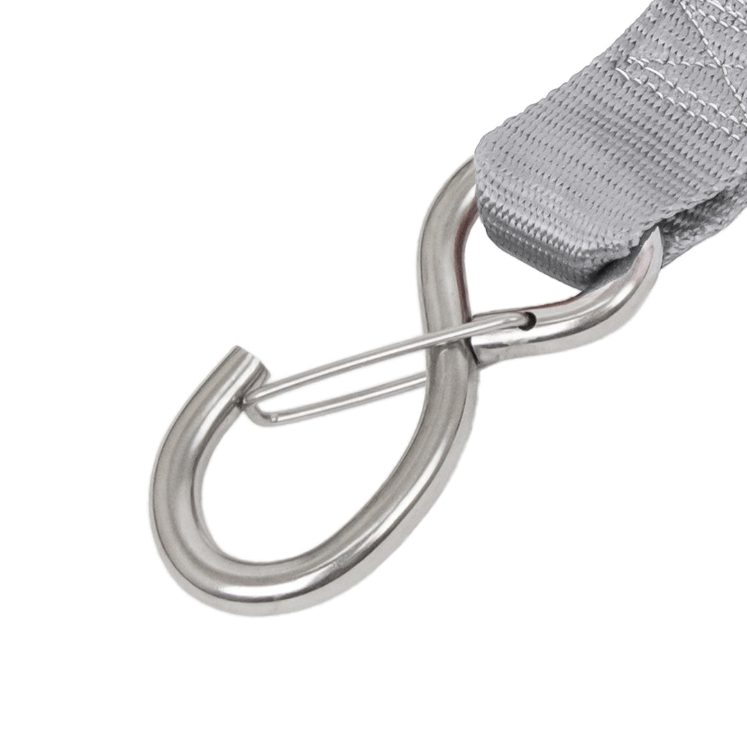 PowerTye - 1.5in STAINLESS - CAM BUCKLE - TIE - DOWN with STAINLESS LATCH HOOKS Close-up (each)#color_silver