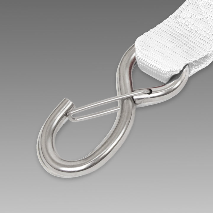 PowerTye - 1.5in STAINLESS - CAM BUCKLE - TIE - DOWN with STAINLESS LATCH HOOKS Close-up (each)#color_white