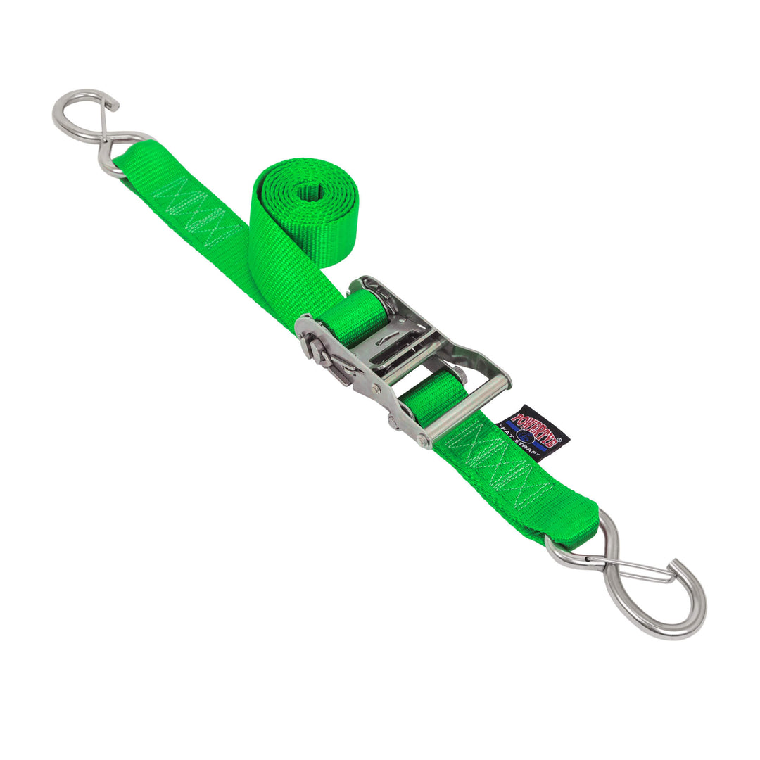 PowerTye 1.5in STAINLESS STEEL RATCHET STRAPS with Latch Hooks for cargo, motorcycles, trailers, boats, watercraft, transom and marine use#color_green