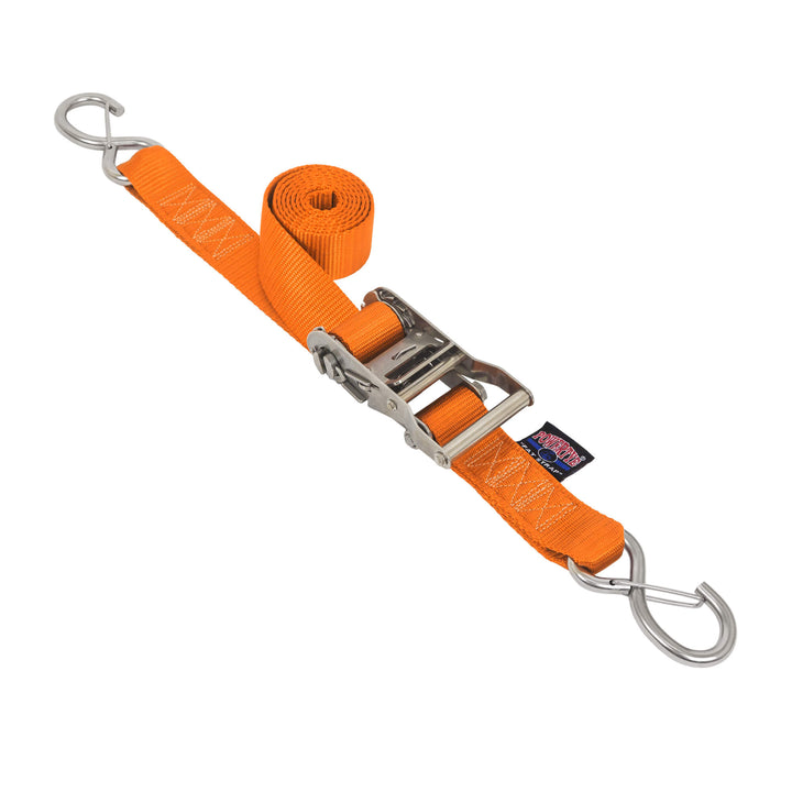PowerTye 1.5in STAINLESS STEEL RATCHET STRAPS with Latch Hooks for cargo, motorcycles, trailers, boats, watercraft, transom and marine use#color_orange