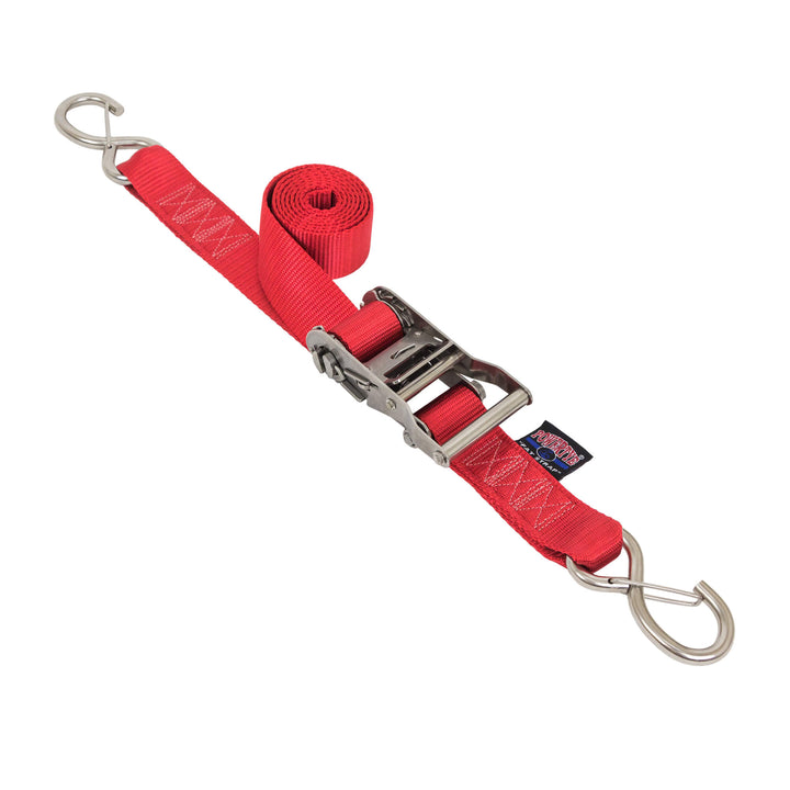 PowerTye 1.5in STAINLESS STEEL RATCHET STRAPS with Latch Hooks for cargo, motorcycles, trailers, boats, watercraft, transom and marine use#color_red