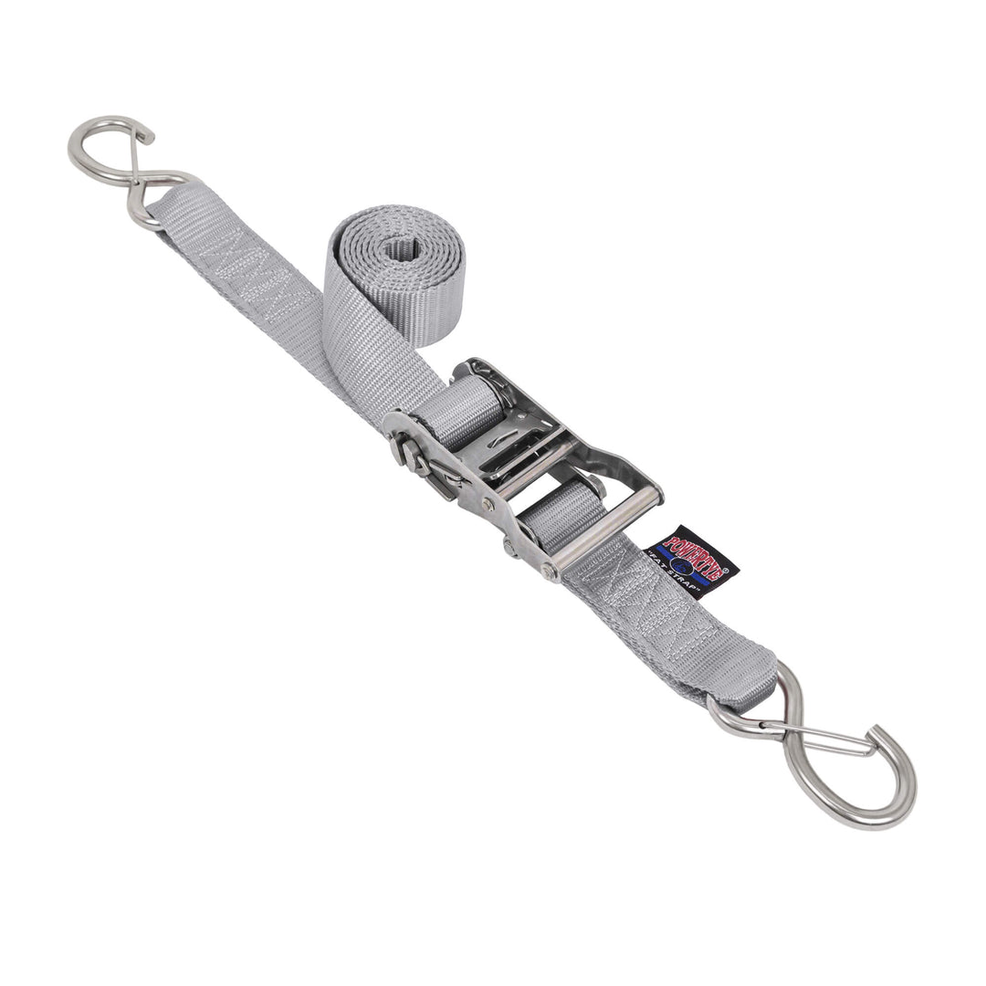 PowerTye 1.5in STAINLESS STEEL RATCHET STRAPS with Latch Hooks for cargo, motorcycles, trailers, boats, watercraft, transom and marine use#color_silver