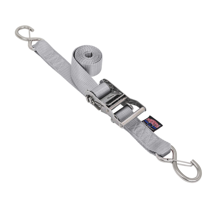 PowerTye 1.5in STAINLESS STEEL RATCHET STRAPS with Latch Hooks for cargo, motorcycles, trailers, boats, watercraft, transom and marine use#color_silver